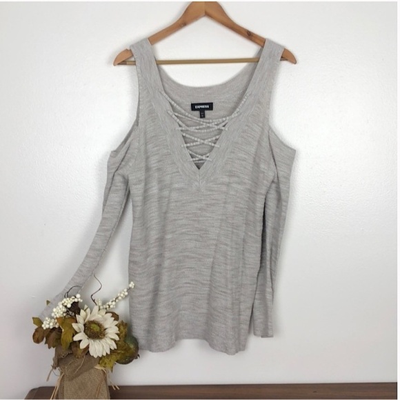 Express Marled Two Way Lace Up Cold Shoulder Tunic Sweater Size Large - Picture 3 of 5